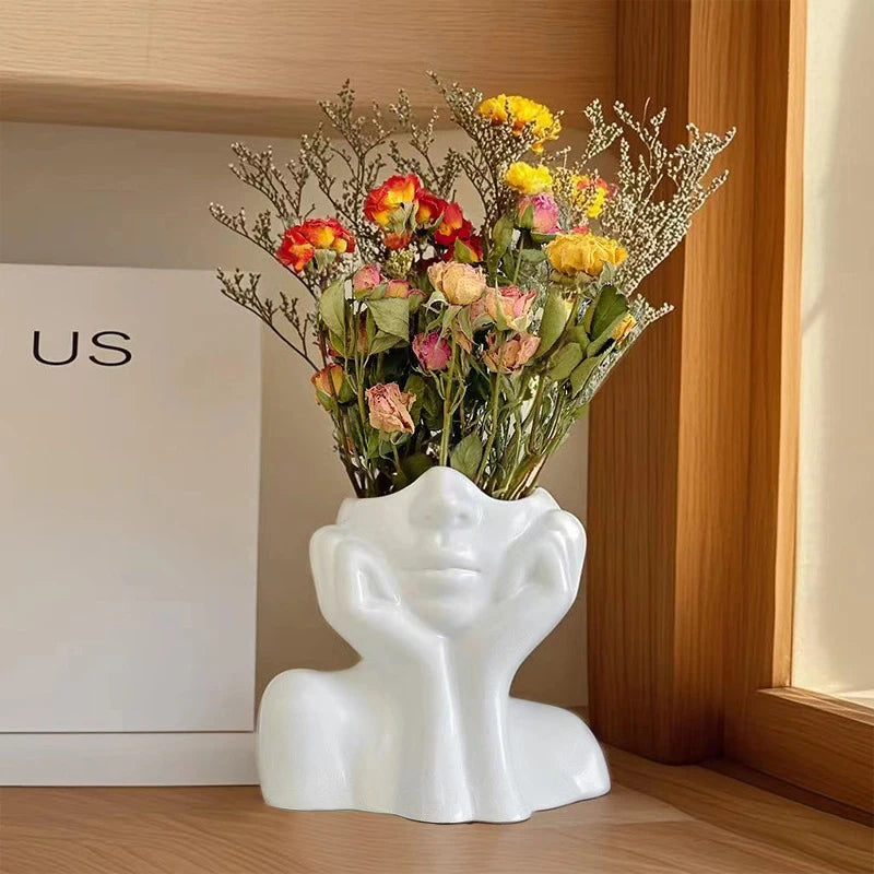 Thinking Girl Vinyl Art Vase – Nordic Style Decorative Face Planter for Flowers or Storage (4.5” Tall)