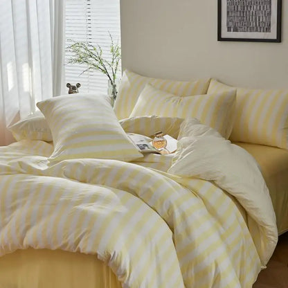 Lemon Yellow Boho Striped Microfiber Bedding Set – 4-Piece Soft & Cozy Duvet Cover Set with Pillowcases & Flat Sheet