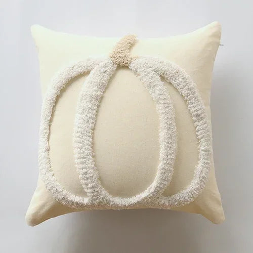 Decorative pillow with a textured white design on a light gray background Orange tufted pumpkin throw pillowcase for autumn boho home decor