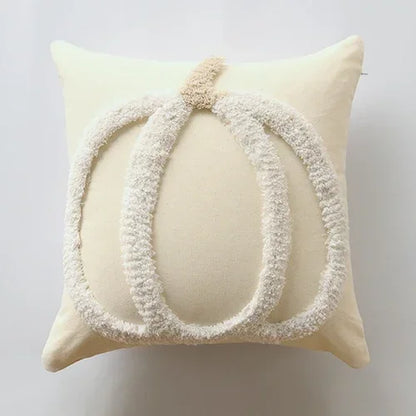 Decorative pillow with a textured white design on a light gray background Orange tufted pumpkin throw pillowcase for autumn boho home decor