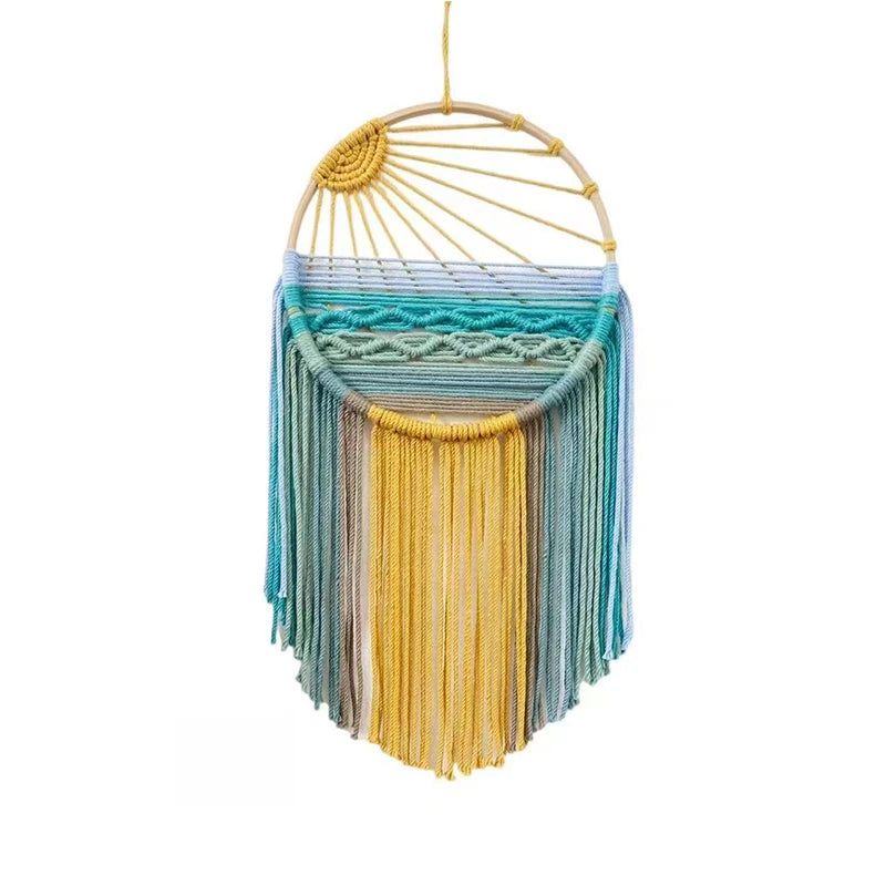 Sunrise & Sunset woven boho wall hanging displayed on wall, Nordic style cotton tapestry featuring warm earthy tones, perfect for boho home decor and eclectic interior design ideas, adds cozy bohemian vibes and textured aesthetic home decor to any living room or bedroom.