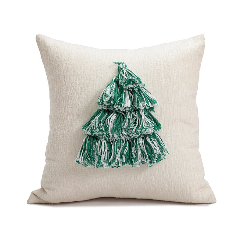 Decorative pillow with a green tassel tree design on a beige background