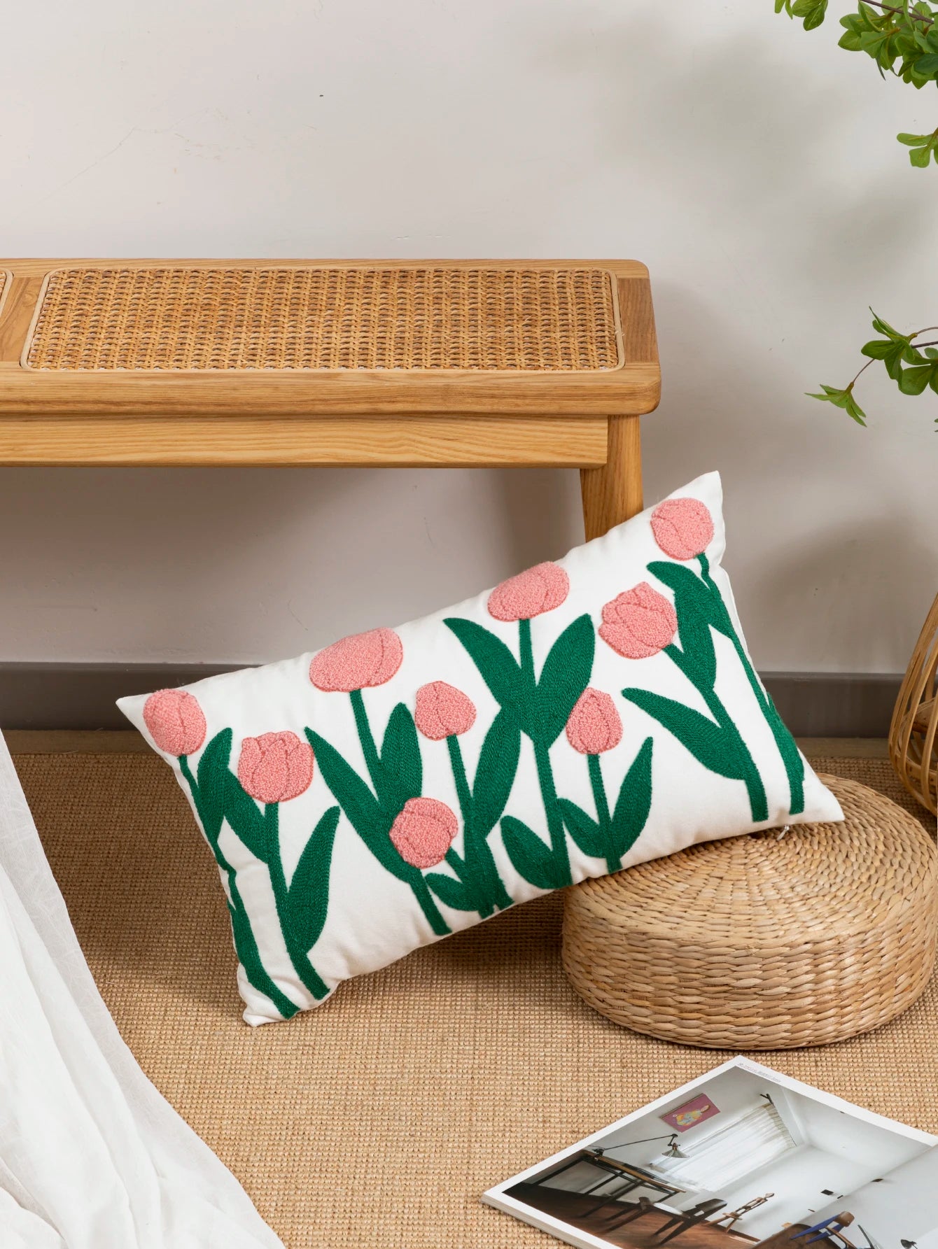 Tulip Pattern Boho Pillow Cover – Cotton Sail Fabric Cushion Cover for Living Room, Bedroom & Home Decor Spring Housewarming Gift