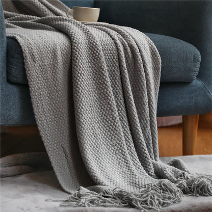 Cozy Knitted Waffle Throw Blanket – Soft Boho Home Decor with Tassels