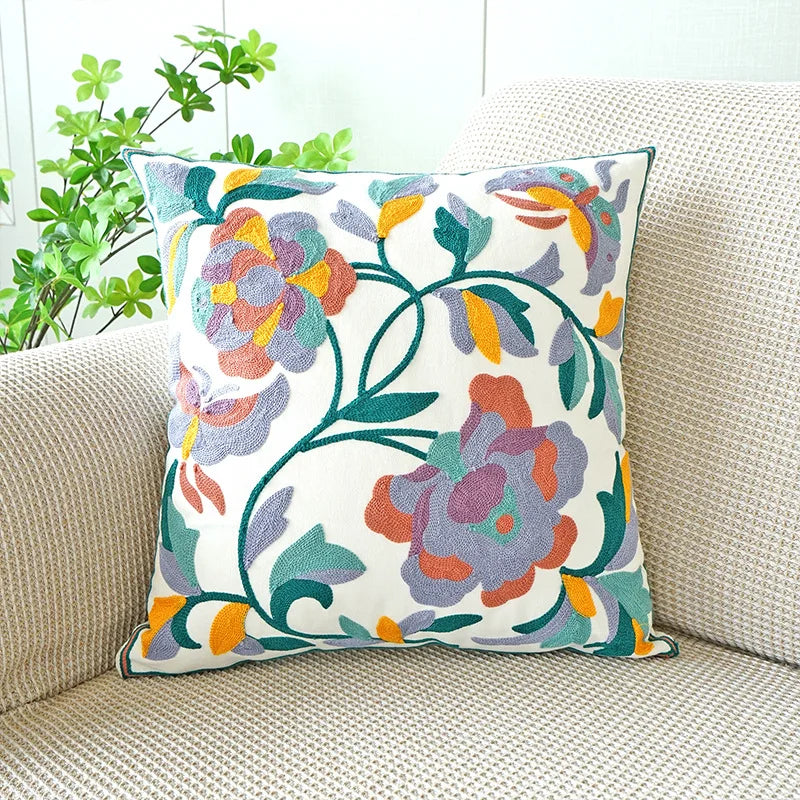 Embroidered Flower Throw Pillow Covers – Boho Cotton Cushion Covers for Bed, Sofa & Home Decor Housewarming Gift for Boho Lover 