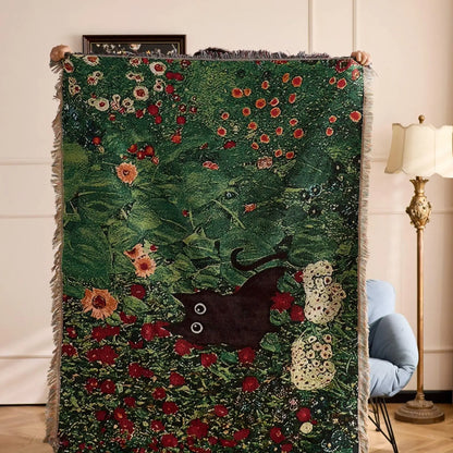 Cat Woven Throw Blanket – Jacquard Tapestry Sofa Cover for Cozy Home & Picnic Use