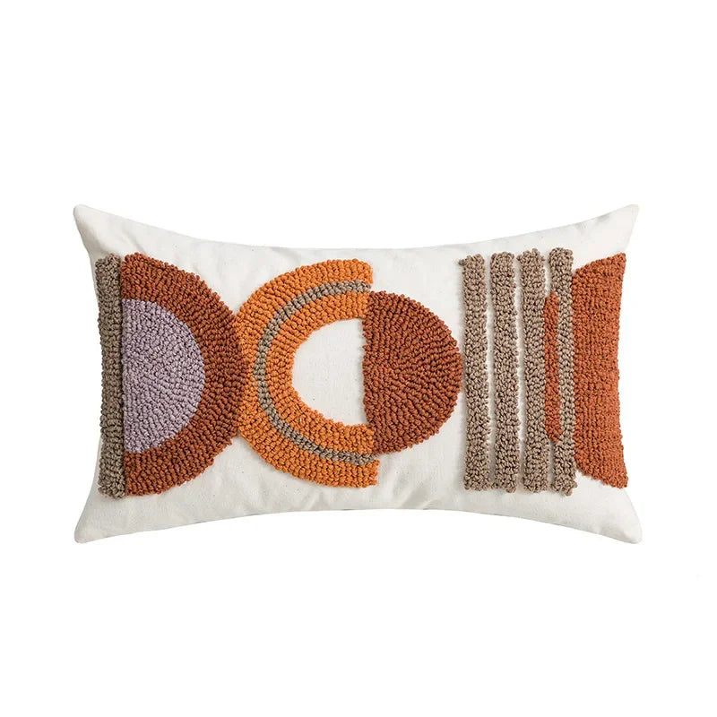 Decorative pillow with geometric pattern on a white background Nordic blue tufted cushion cover with geometric stripe and grid crochet pattern, tassel pillow cover for sofa, bed, and boho home decor