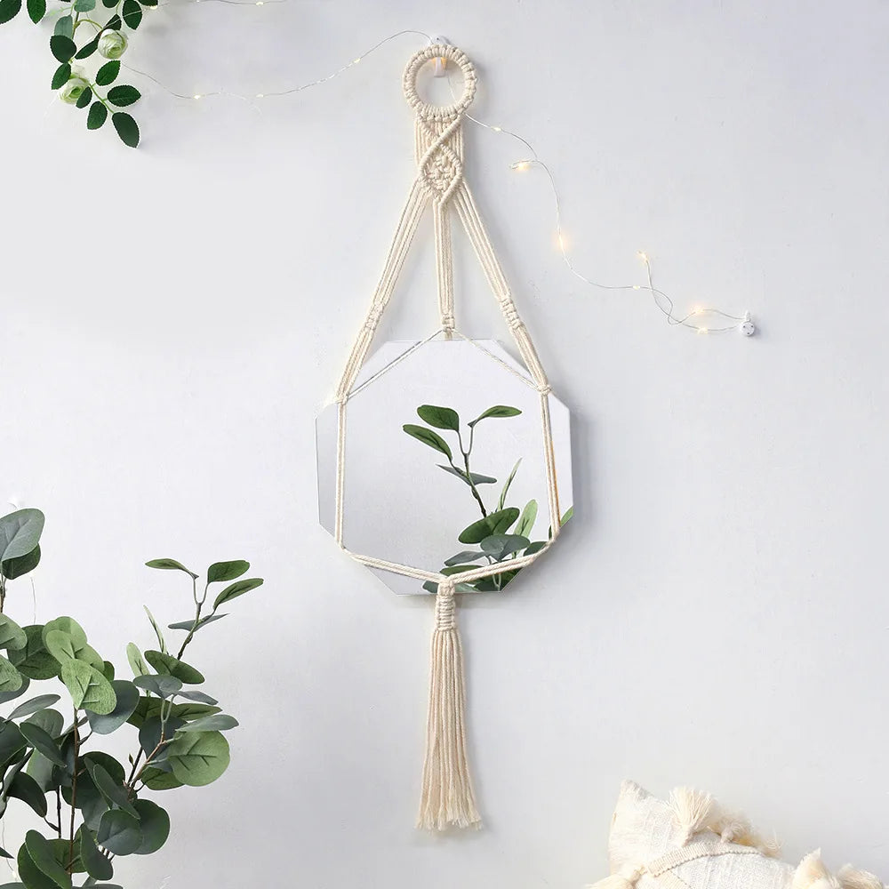 Boho Macrame Round Wall Mirror – Decorative Hanging Mirror for Bedroom & Living Room - Natural Knotted Sun