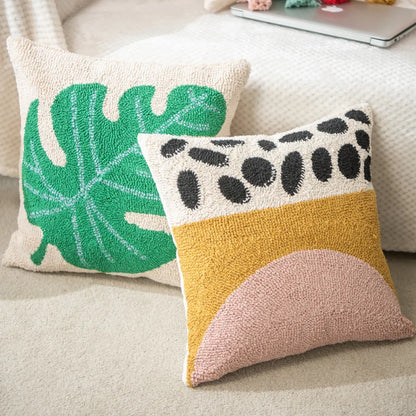 Vibrant Tufted Geometric Nature Embroidered Cushion Cover – Boho Patchwork Throw Pillow