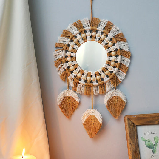 Boho Leaf Macrame Wall Mirror – Round Decorative Mirror with Fringe for Boho Home Decor