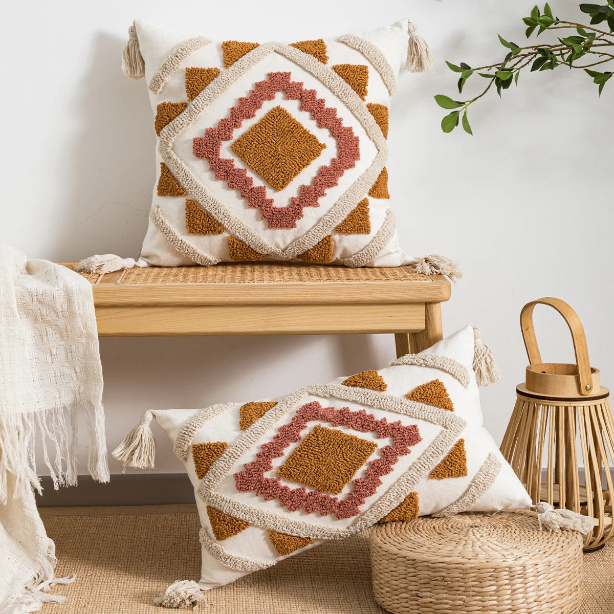 Geometric Tufted Pillow Cover With Tassels – Boho Home Decor Accent for Couch, Bed & Living Room
