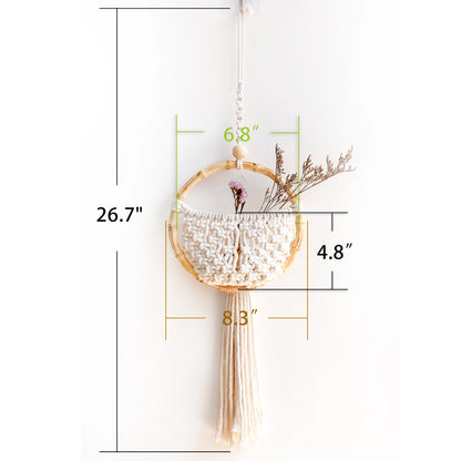 Boho Macrame Wall Hanging with Flower Pot Pocket – Handmade Nordic Round Wall Tapestry | Dorm Room & Home Decor
