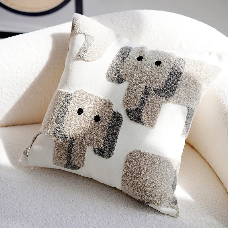 My Boho Home Nordic Embroidered Animal Pillow Cover – Modern Boho Plush Cushion for Couch, Bed or Nursery Elephant 