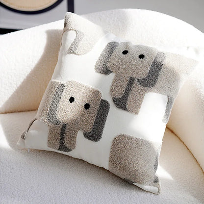 My Boho Home Nordic Embroidered Animal Pillow Cover – Modern Boho Plush Cushion for Couch, Bed or Nursery Elephant 