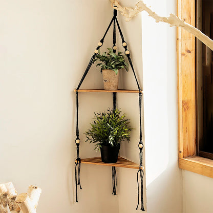 Boho Macrame Hanging Wooden Shelf – Handcrafted Floating Wall Shelf for Home Decor