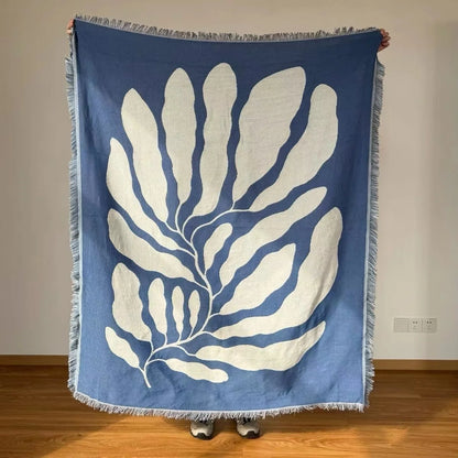 🌿 Blue Leaf Embroidered Throw Blanket – Boho Home Decor with Tassels | Sofa Blanket, Tapestry, Wall Hanging & Housewarming Gift