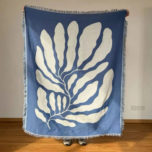 🌿 Blue Leaf Embroidered Throw Blanket – Boho Home Decor with Tassels | Sofa Blanket, Tapestry, Wall Hanging & Housewarming Gift