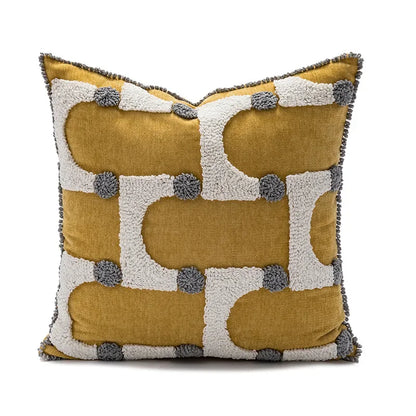 Decorative pillow with geometric pattern on a white background Nordic blue tufted cushion cover with geometric stripe and grid crochet pattern, tassel pillow cover for sofa, bed, and boho home decor