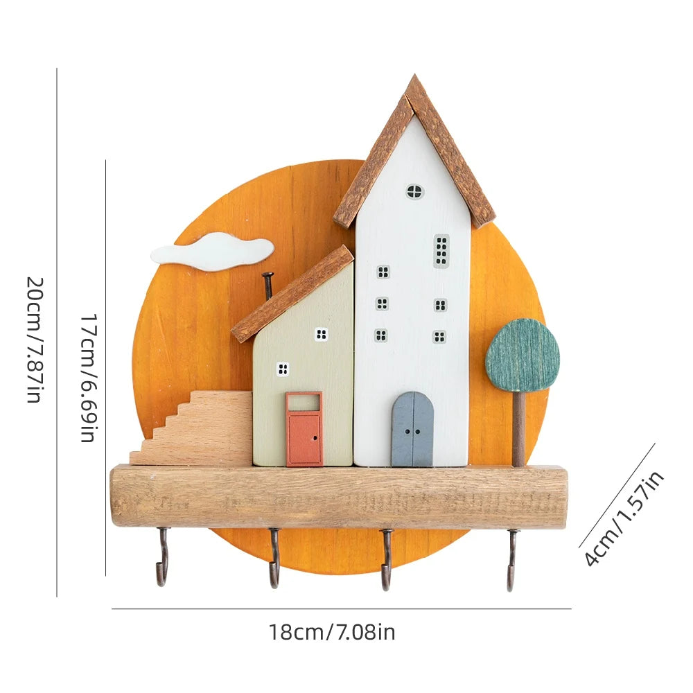 🏡 Fairytale Town Wall Hook Rack – Boho Wooden Key Holder & Decorative Village Scene Organizer