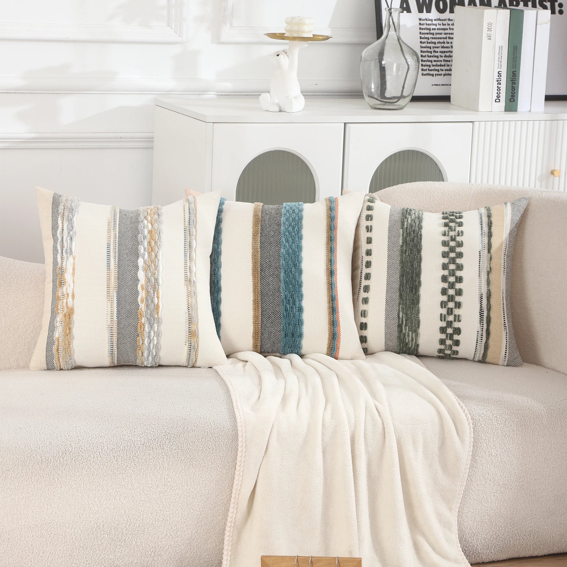 Boho Striped Chenille Throw Pillow Cover – Decorative Square Cushion for Cozy Home Accents