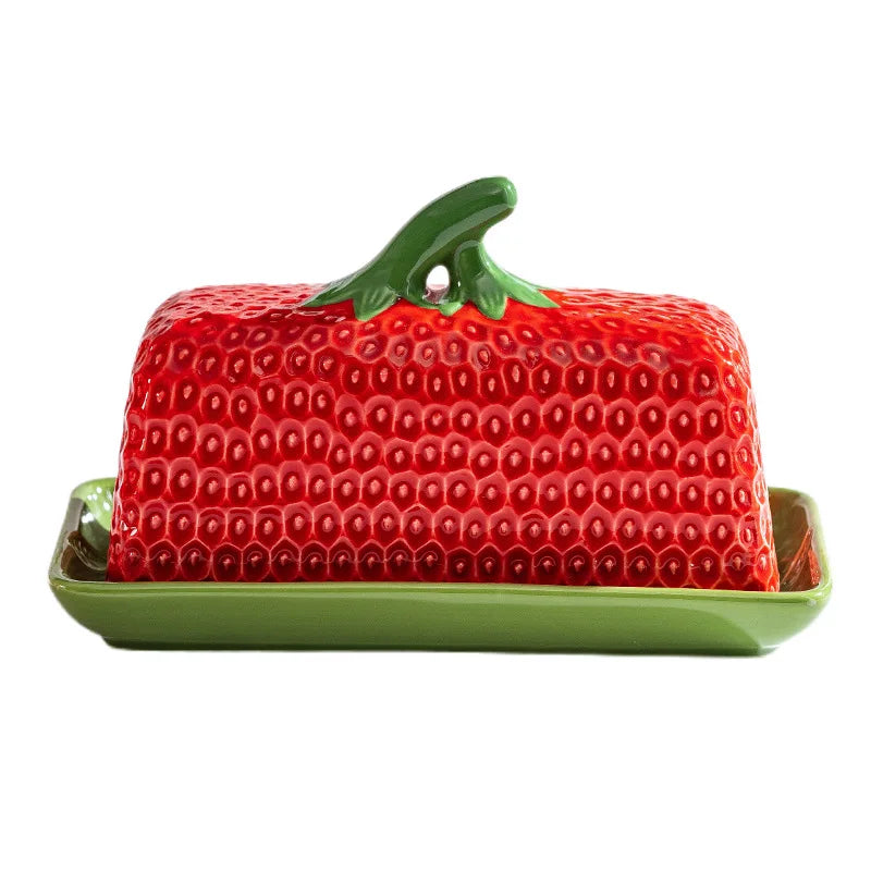 Strawberry-Shaped Ceramic Butter Dish with Lid – Cute Kitchen Storage Box