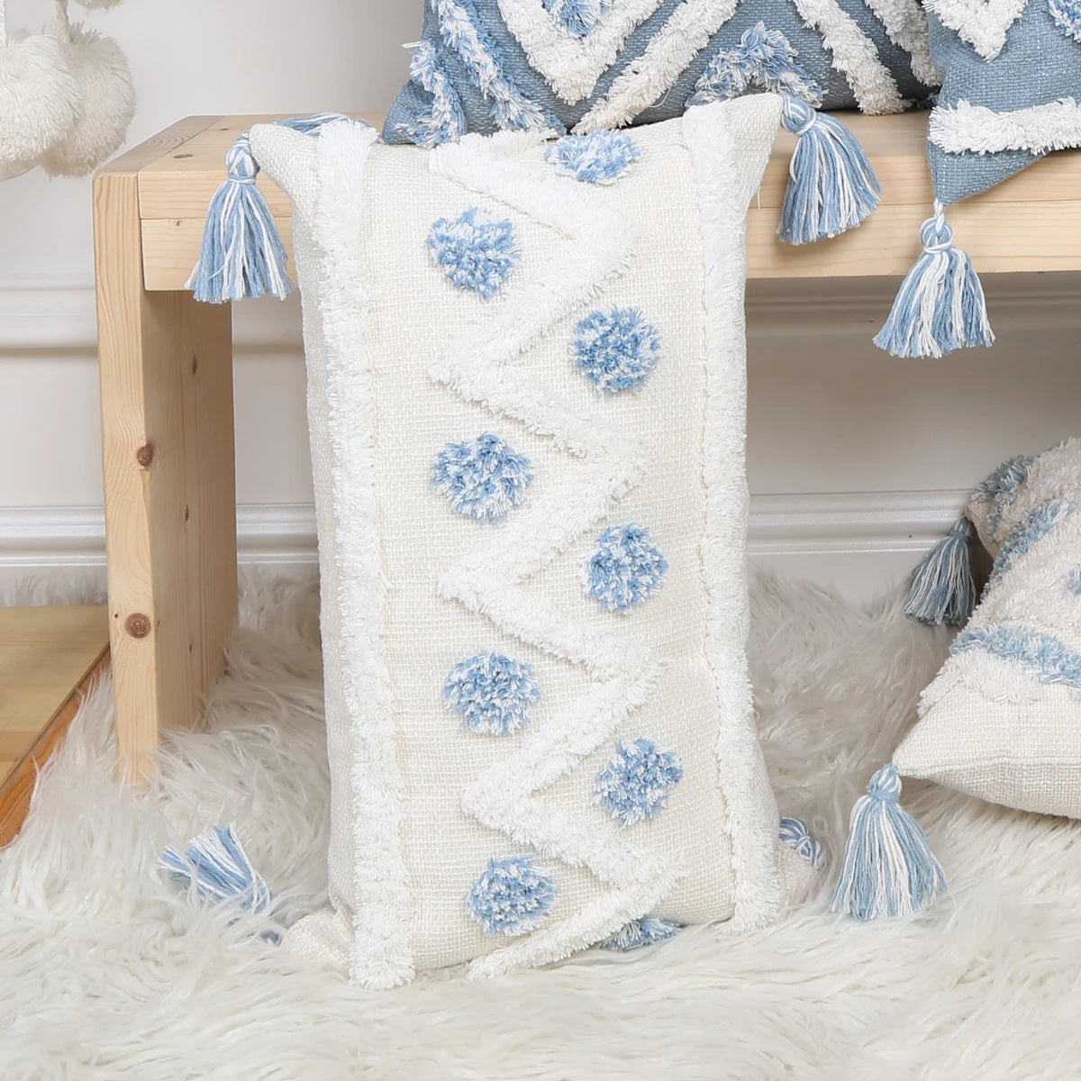 Blue Geometric Tufted Pillow Cover with Tassels – Boho Home Decor Housewarming Gift Accent for Couch, Bed & Living Room