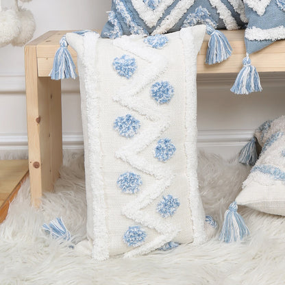 Blue Geometric Tufted Pillow Cover with Tassels – Boho Home Decor Housewarming Gift Accent for Couch, Bed & Living Room
