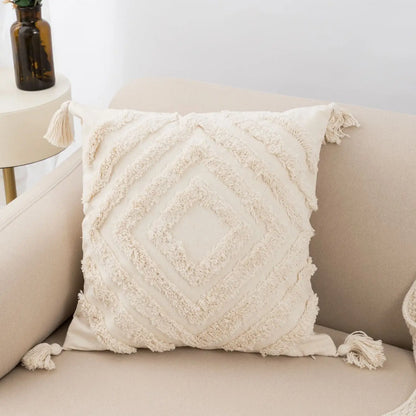 Beige Tufted Fringed Pillow Cover – Diamond Shaped Boho Home Decor Accent for Sofa, Bed & Living Room