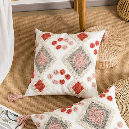 Boho Loop Tufted Cushion Cover – Handmade Cotton Canvas Pillow with Tassels & Embroidery