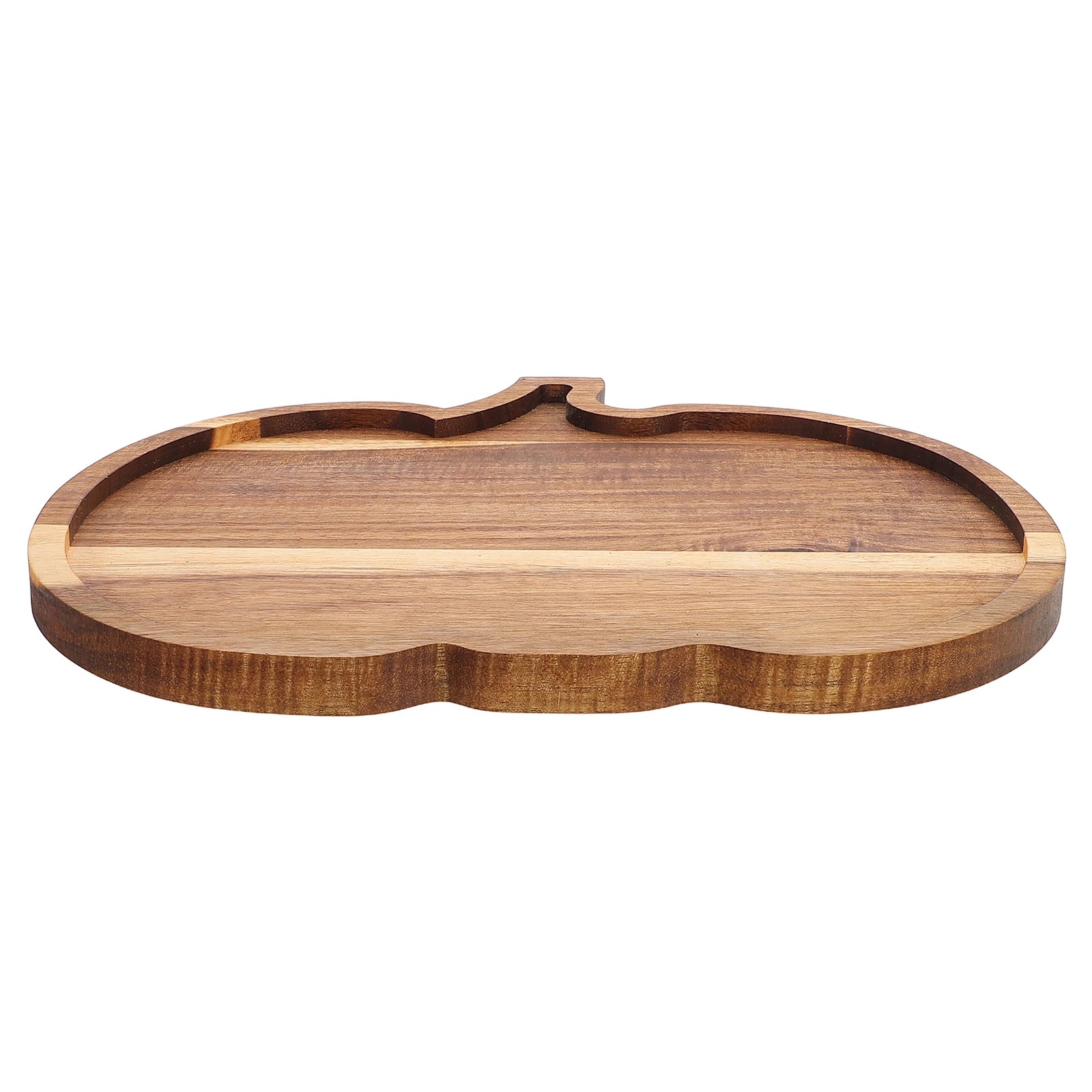 Wooden cutting board with wavy edge on a white background. Rustic wooden pumpkin serving platter with natural grain, charcuterie board for Thanksgiving snacks, Halloween desserts, and fall entertaining