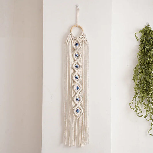 Boho Evil Eye Macrame Wall Hanging – Handwoven Cotton Tapestry for Bedroom, Living Room, Entryway Wall Art