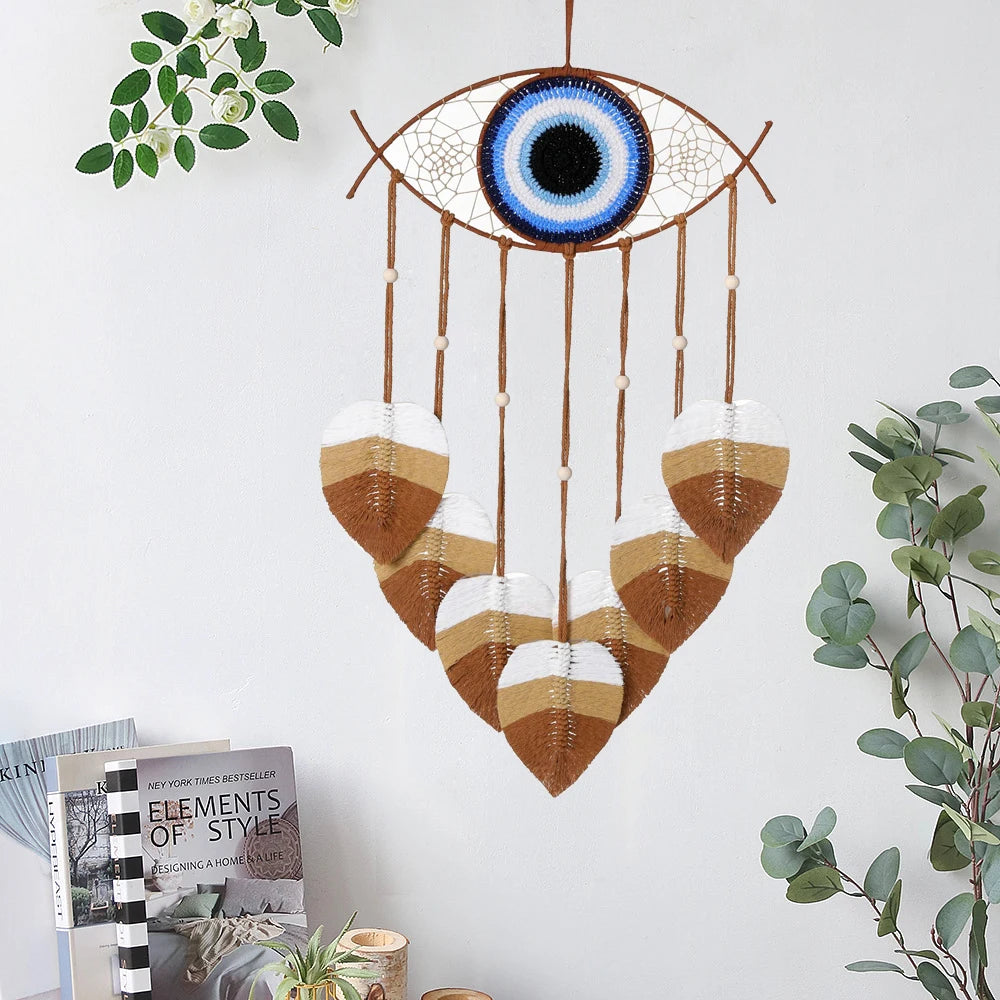 🧿 Blue Evil Eye Dream Catcher with Macrame Leafs – Boho Home Decor & Housewarming Gift | Handmade Wall Hanging for Bedroom or Living Room