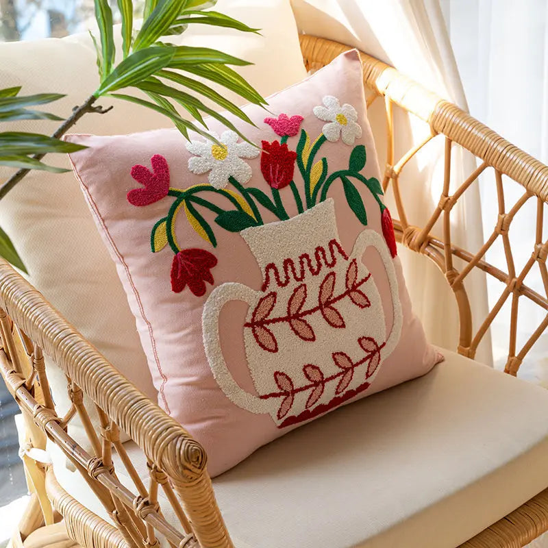 Boho Home Decor – Floral Embroidered Cotton Cushion Cover