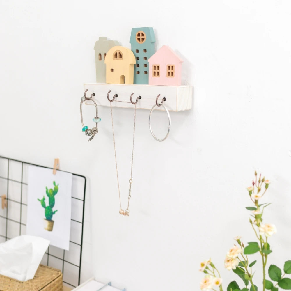 🏡 Fairytale Town Wall Hook Rack – Boho Wooden Key Holder & Decorative Village Scene Organizer