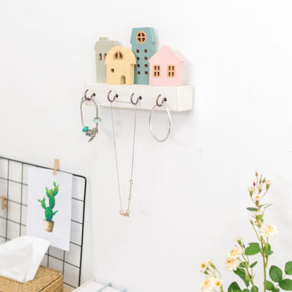 🏡 Fairytale Town Wall Hook Rack – Boho Wooden Key Holder & Decorative Village Scene Organizer