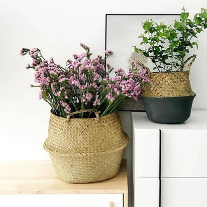 Boho Home Decor Seaweed Wicker Basket – Eco-Friendly Rattan Hanging Flowerpot & Storage Basket