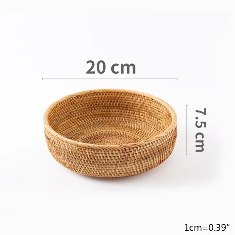 Woven basket with dimensions labeled on a white background boho home decor, rattan basket, handwoven wicker basket, fruit storage box, bread basket, picnic basket, natural storage bin, tea storage box, rustic home organization, farmhouse decor, housewarming gift, boho storage basket