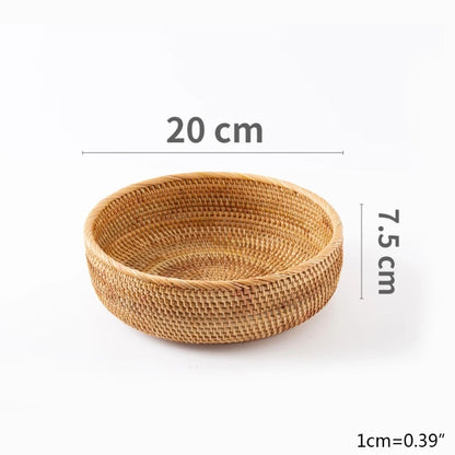 Woven basket with dimensions labeled on a white background boho home decor, rattan basket, handwoven wicker basket, fruit storage box, bread basket, picnic basket, natural storage bin, tea storage box, rustic home organization, farmhouse decor, housewarming gift, boho storage basket