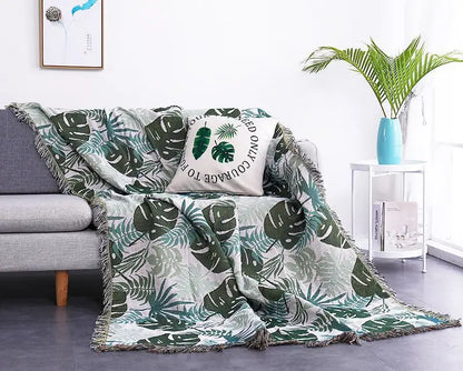 Boho Tassel Throw Blanket Leaves