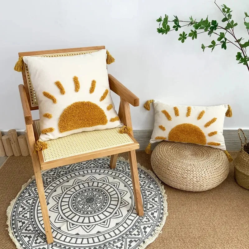 Boho Home Decor Yellow Sun Tufted Embroidered Pillowcase – Decorative Throw Pillow Cover For Living Room
