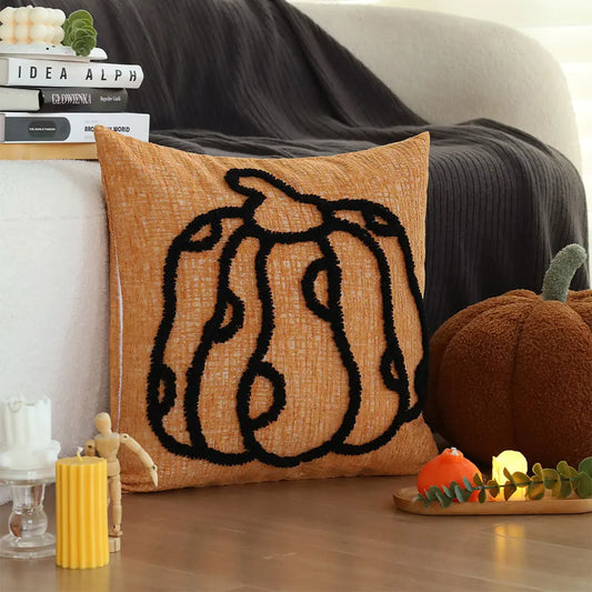 Pumpkin Pattern Chenille Throw Pillow Cover – Soft Fall Accent for Sofa or Bed