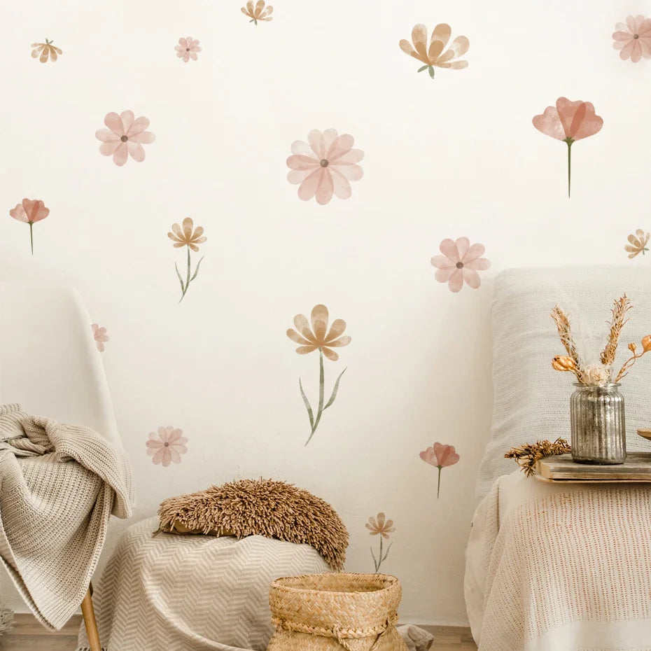 Boho Floral Leaf Wall Stickers – Removable 3D Vinyl Decals for Kids' Nursery & Home Decor - Neutral Flowers