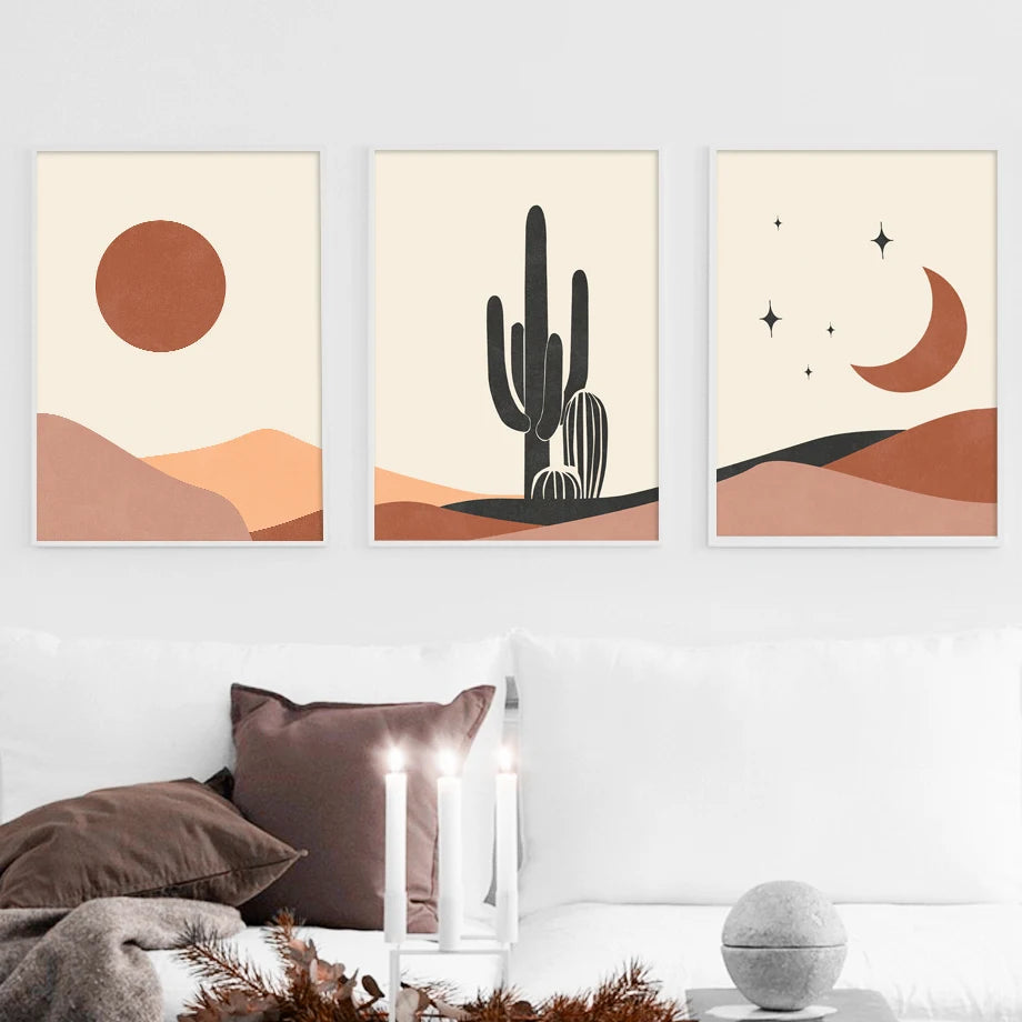 Boho Desert Sun & Moon Geometric Cactus Canvas Wall Art Print