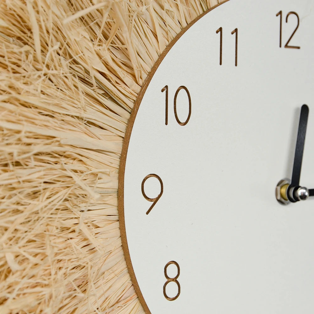 Close-up of a clock with a textured beige border boho home decor, boho wall mirror, macrame wall mirror, nordic decor, romantic wedding wall decoration, housewarming gift, round straw mirror, woven wall decor, tapestry mirror, boho bedroom wall accent, rustic mirror wall hanging