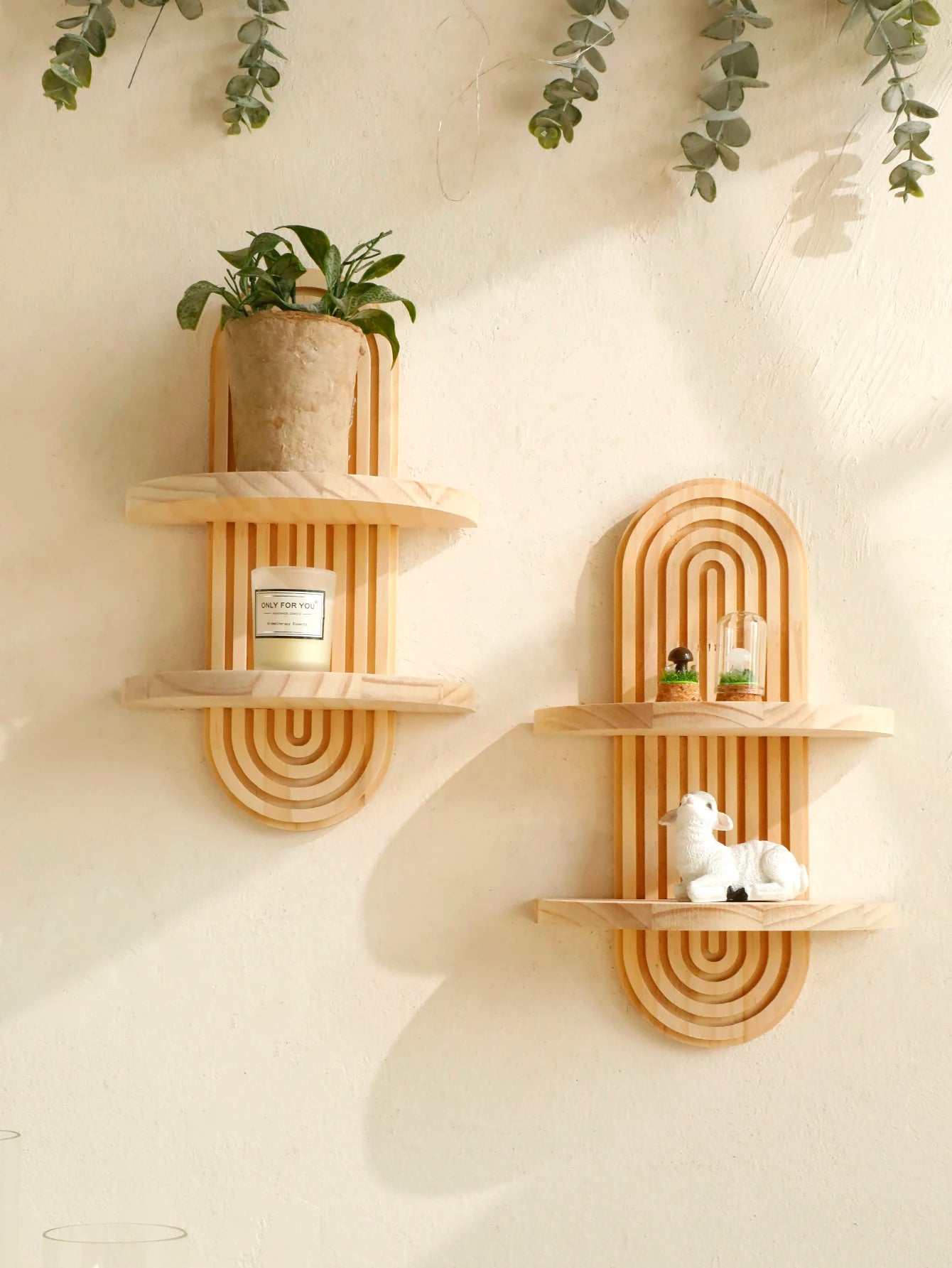 Boho Style Wooden Wall Shelf - Geometric Wall Mounted Shelves, Natural Wood Finish, Modern Home Decor, Plant Holder Circle