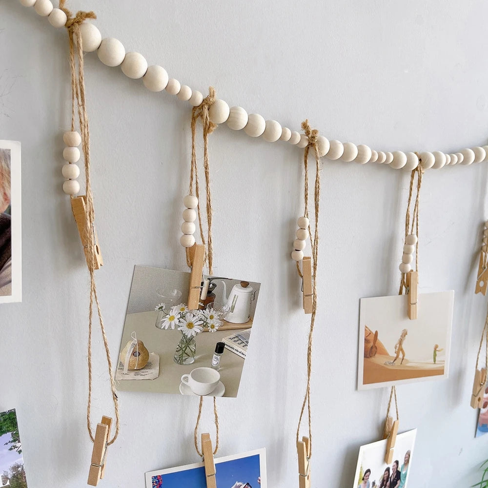 Boho Wall Hanging Photo Display with Wooden Beads & Clips – Rustic Collage Picture Holder Decor