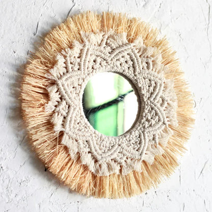 Round mirror with macrame and raffia design on a textured white background boho home decor, boho wall mirror, macrame wall mirror, nordic decor, romantic wedding wall decoration, housewarming gift, round straw mirror, woven wall decor, tapestry mirror, boho bedroom wall accent, rustic mirror wall hanging