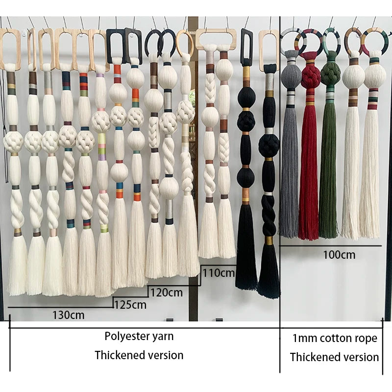 Collection of tassels in various colors and materials with measurements on a white background. boho macrame wall art