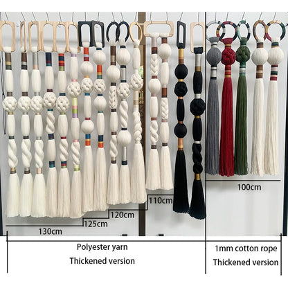 Collection of tassels in various colors and materials with measurements on a white background. boho macrame wall art