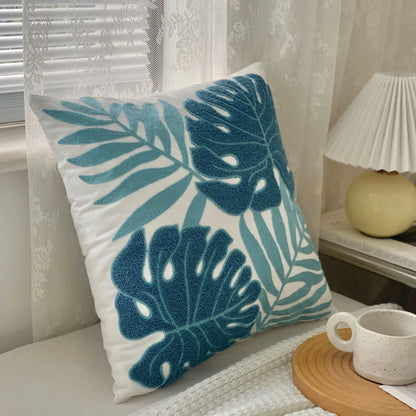 🌿 Green Leaf & Sunflower Embroidered Pillow Cover – 18 x 18 inches Boho Modern Cushion Cover for Sofa, Chair, or Car